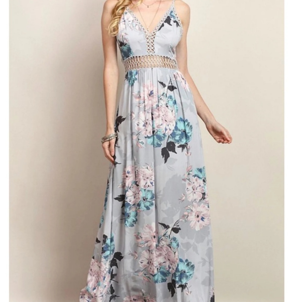 Sky gray floral long maxi dress
